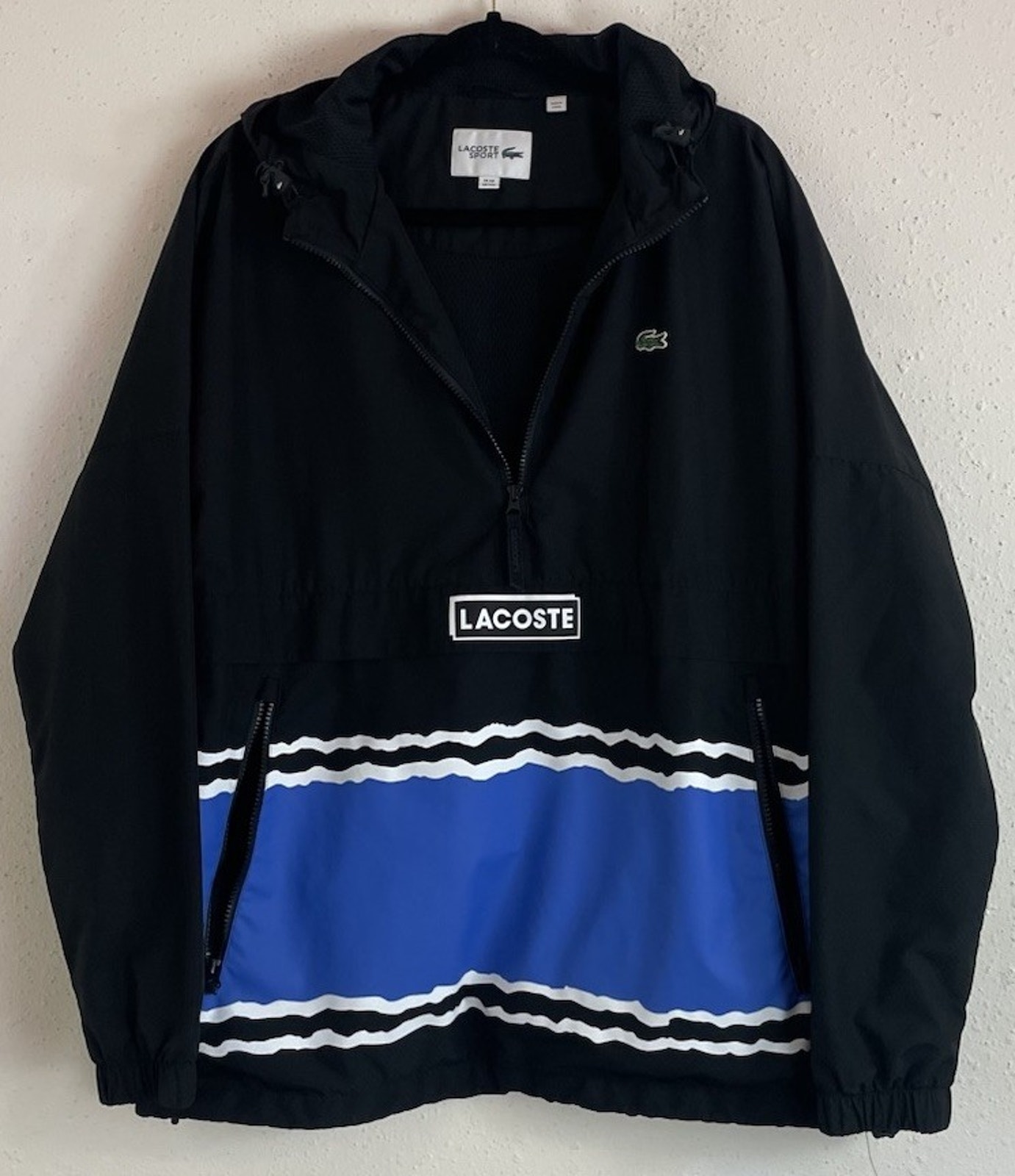 Lacoste Sport M/L Color Block Half Zip Men Windbreaker Hooded Jacket Black/Blue